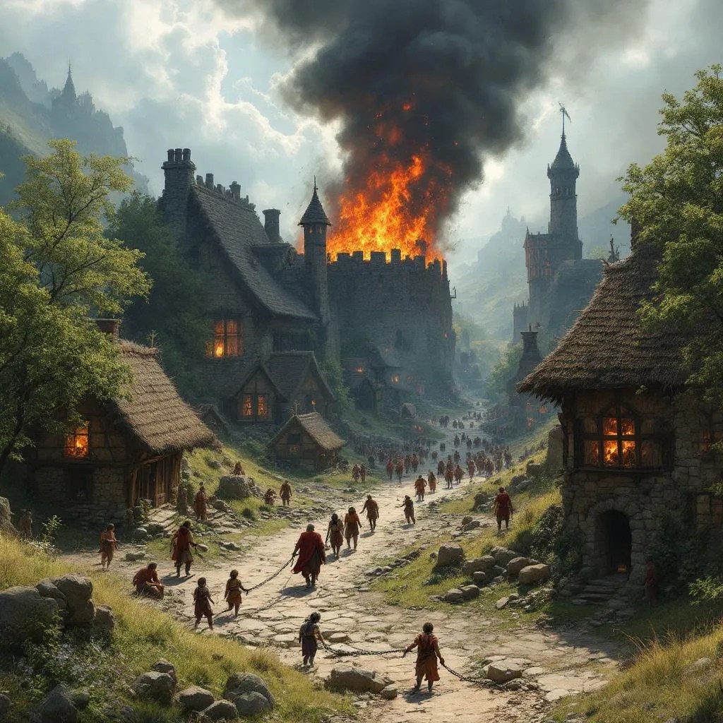 Burning Halfling village.